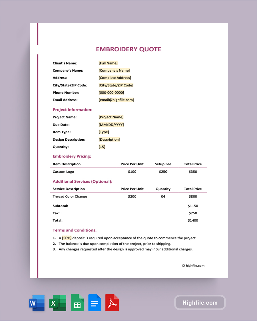 Embroidery Quote Template - Word, Google Docs, Google Sheets, Excel, PDF