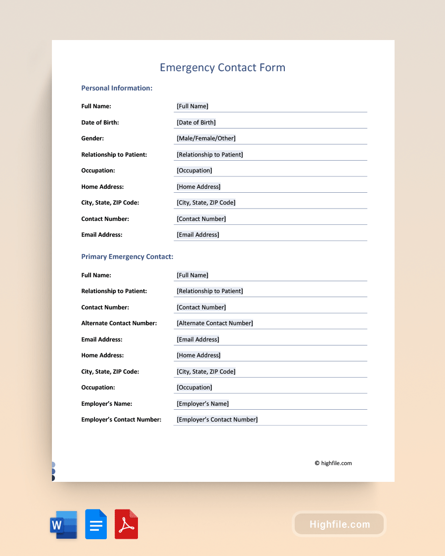Emergency Contact Form - Word, PDF, Google Docs