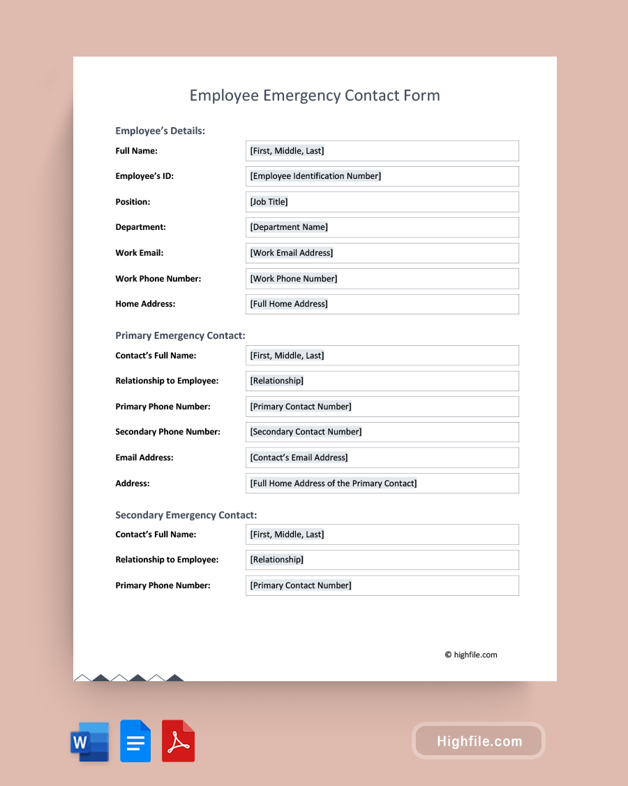 Employee Emergency Contact Form  - Word, PDF, Google Docs