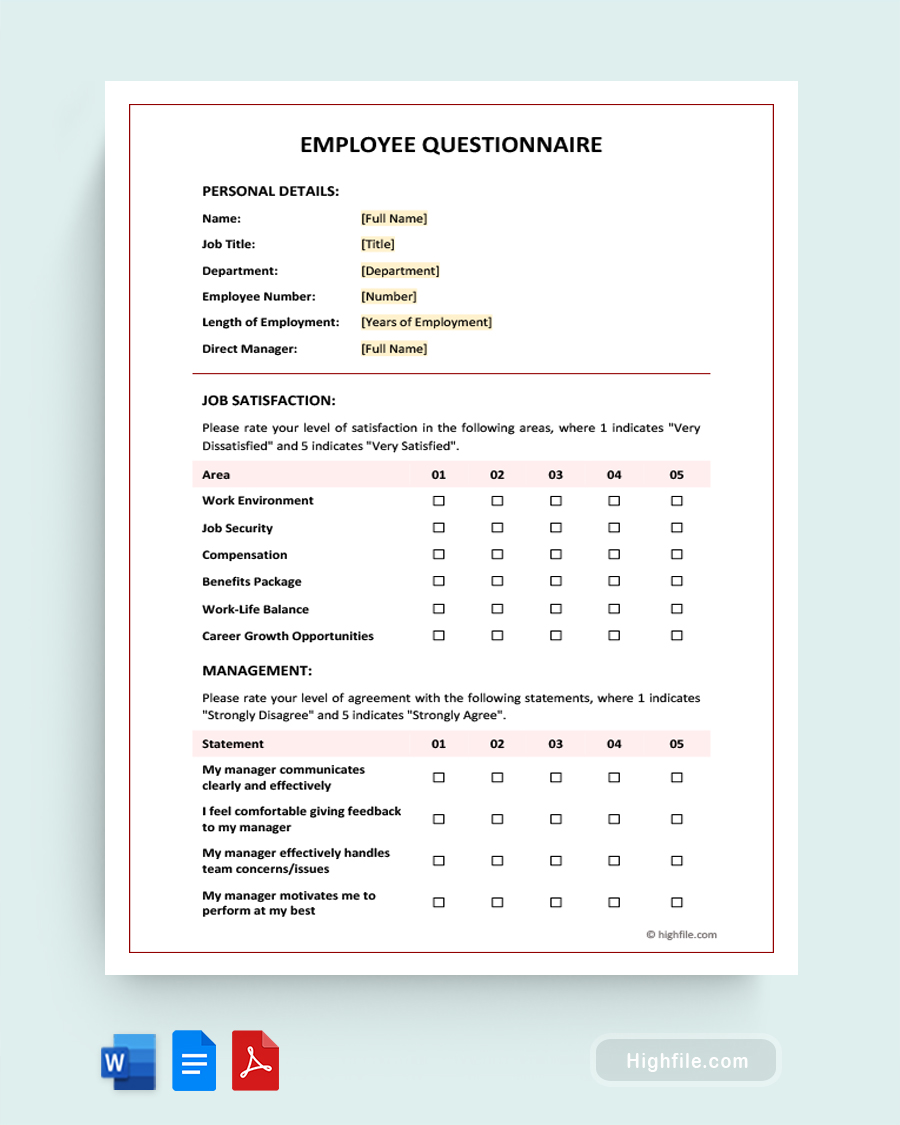 Employee Questionnaire Template - Word, Google Docs, PDF