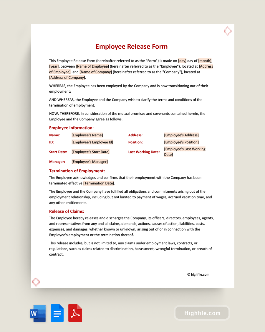 Employee Release Form - Word, PDF, Google Docs