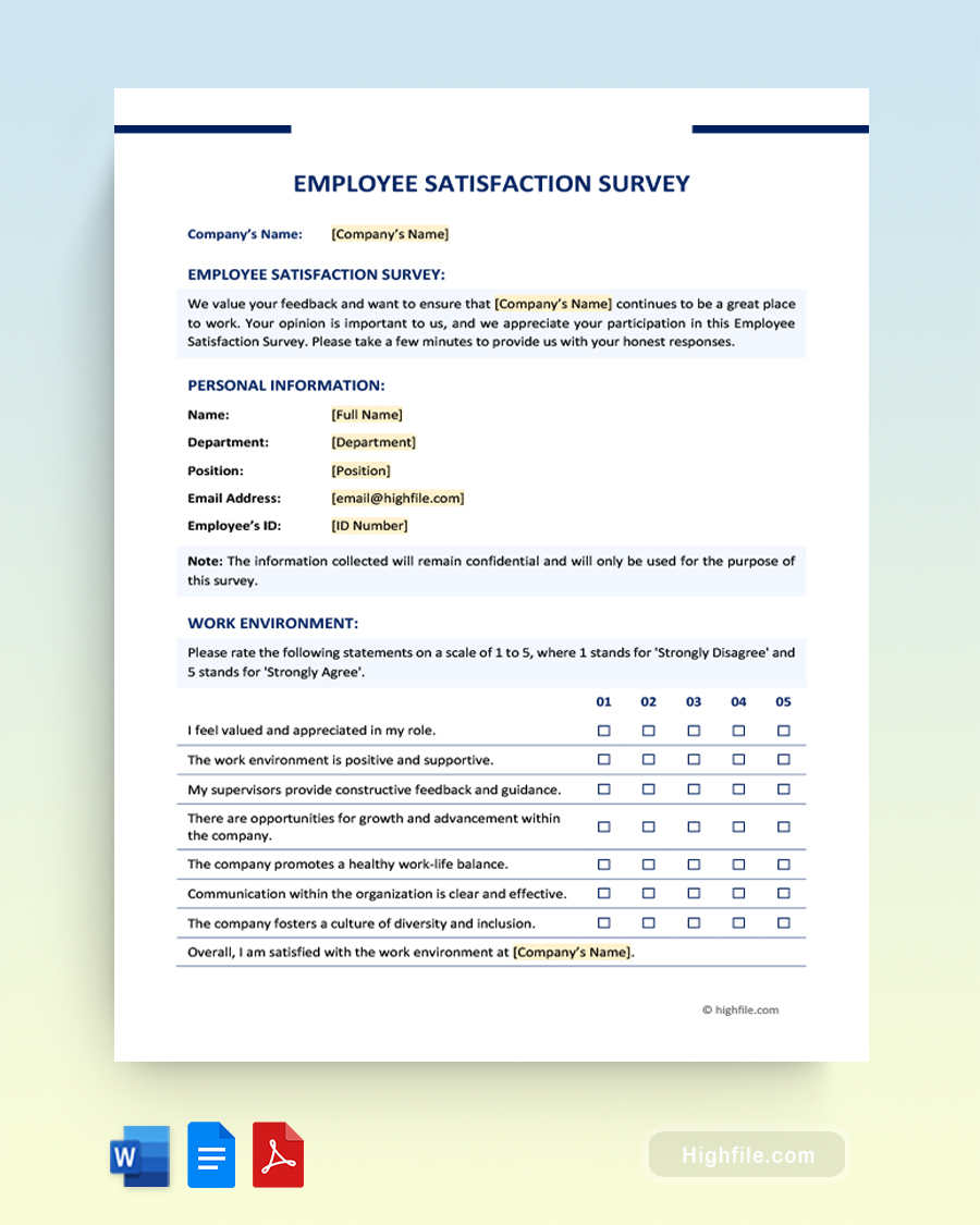 Employee Satisfaction Survey Template - Word, Google Docs, PDF