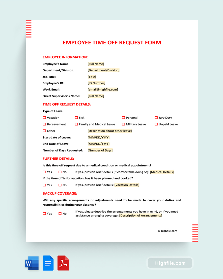 Employee Time Off Request Form - Word, Google Docs, PDF