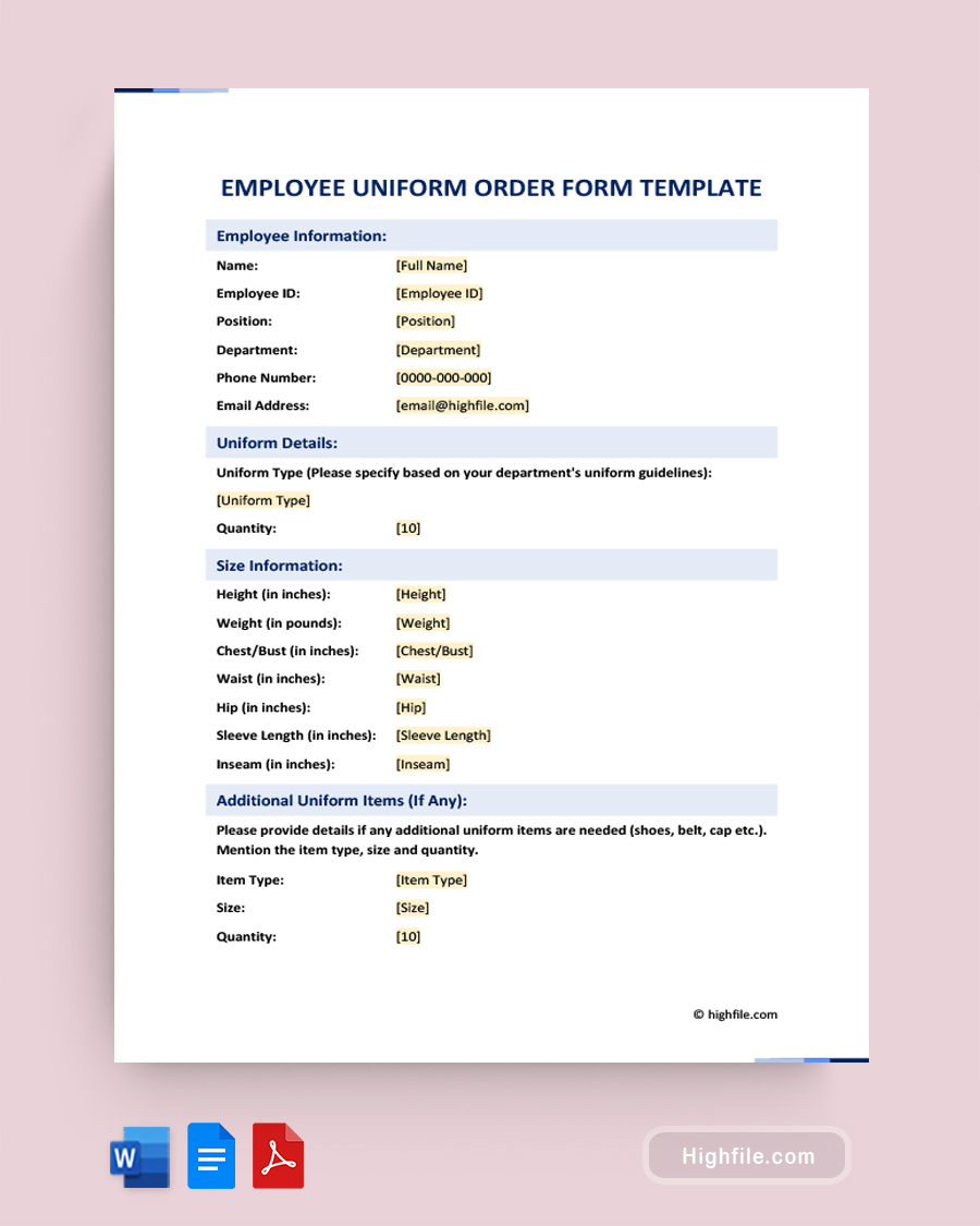 Employee Uniform Order Form Template - Word, Google Docs, PDF