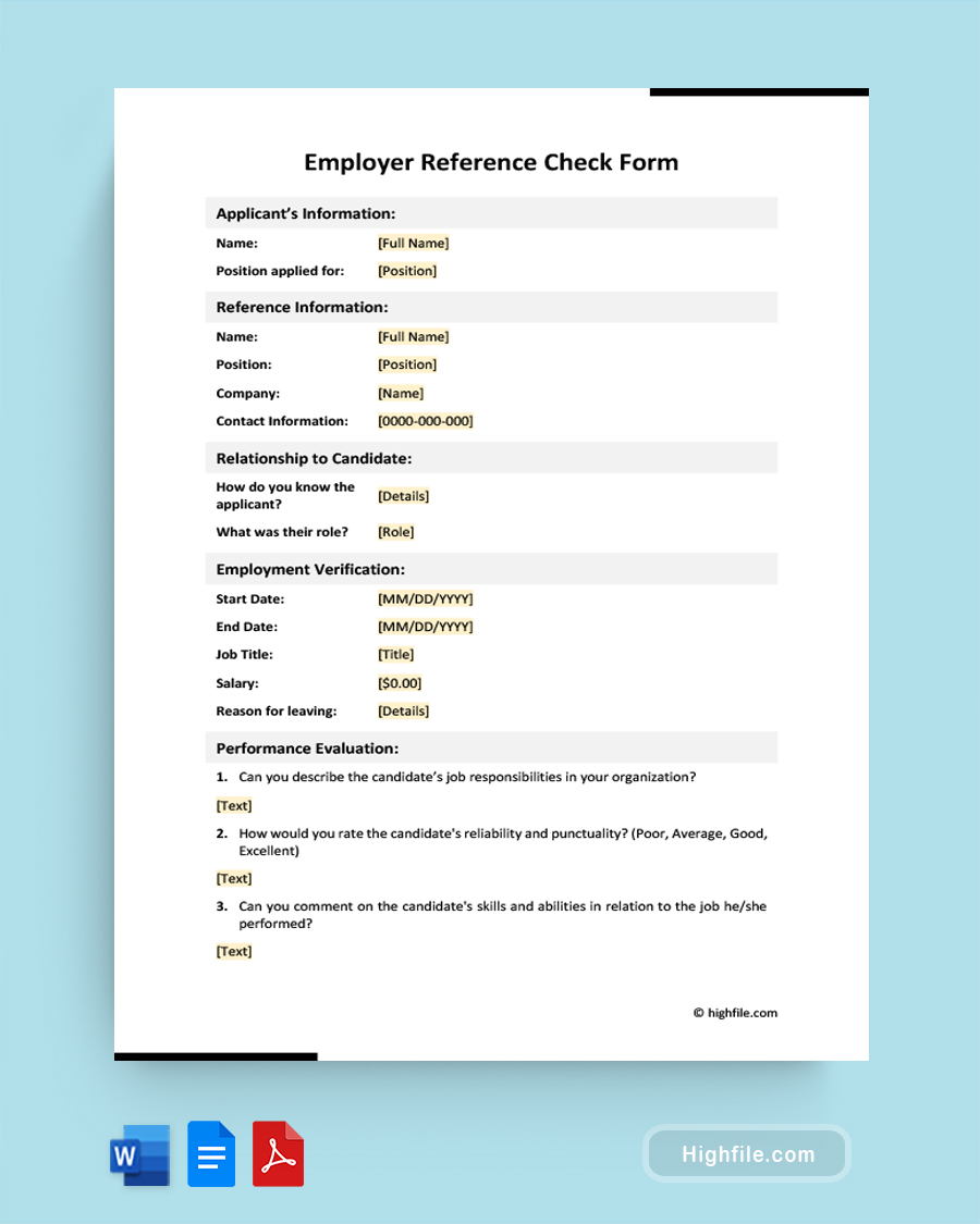 Employer Reference Check Form - Word, Google Docs, PDF