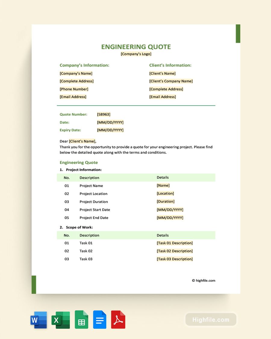 Engineering Quote Template - Word, Google Docs, Google Sheets, Excel, PDF