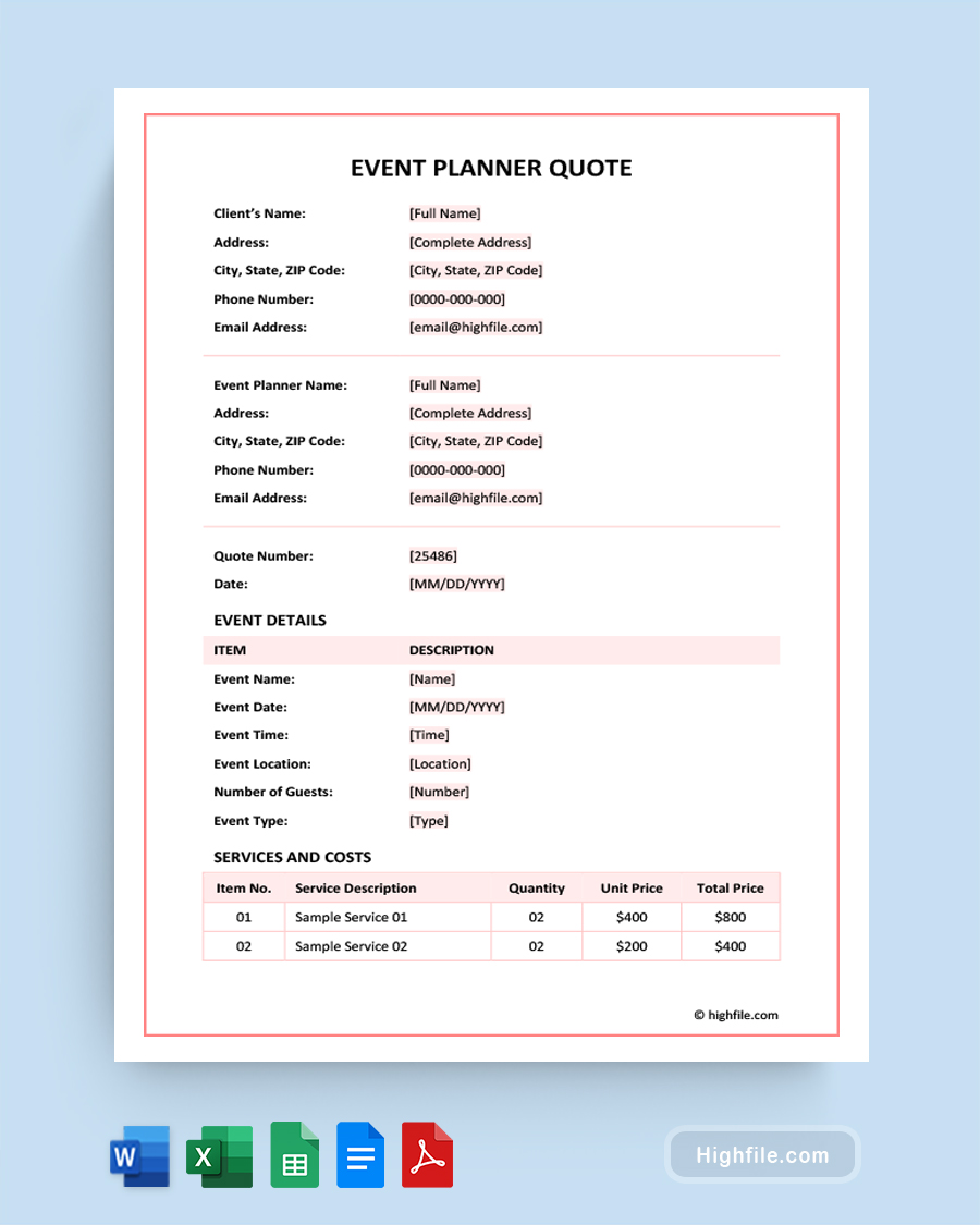 Event Planner Quote Template - Word, Google Docs, Google Sheets, Excel, PDF