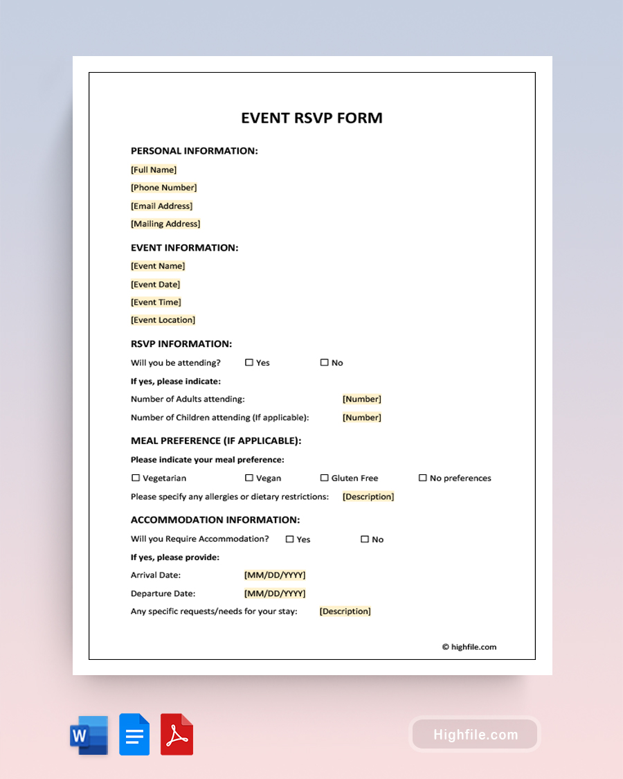 Event Rsvp Form - Word, Google Docs, PDF