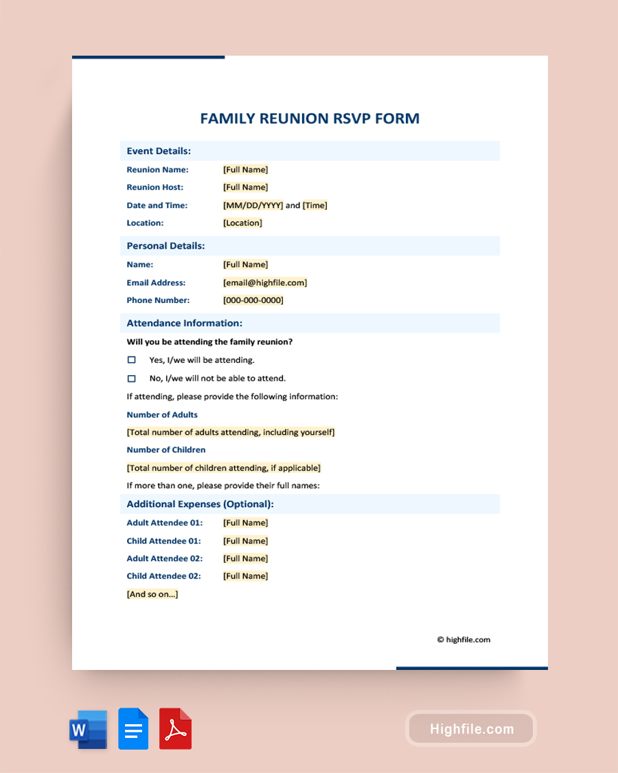 Family Reunion Rsvp Form - Word, Google Docs, PDF