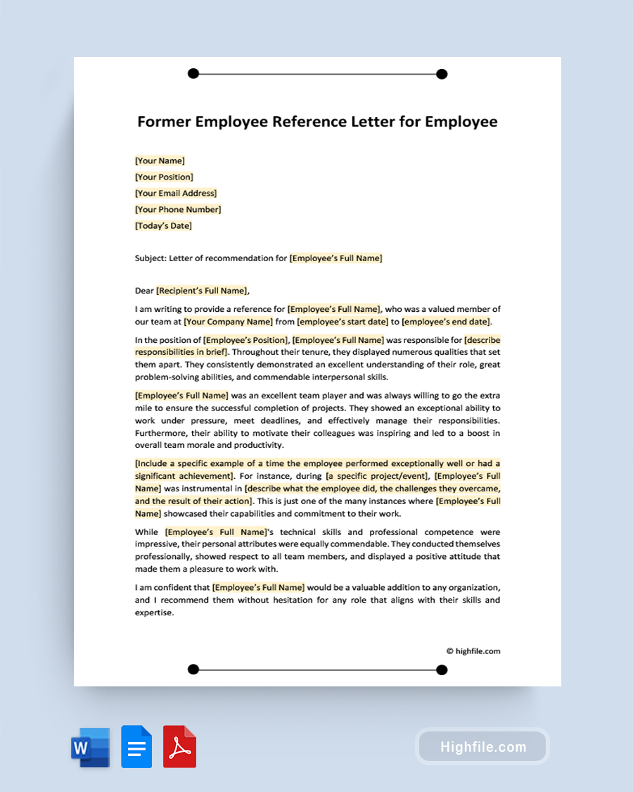 Former Employee Reference Letter For Employee - Word, Google Docs, PDF