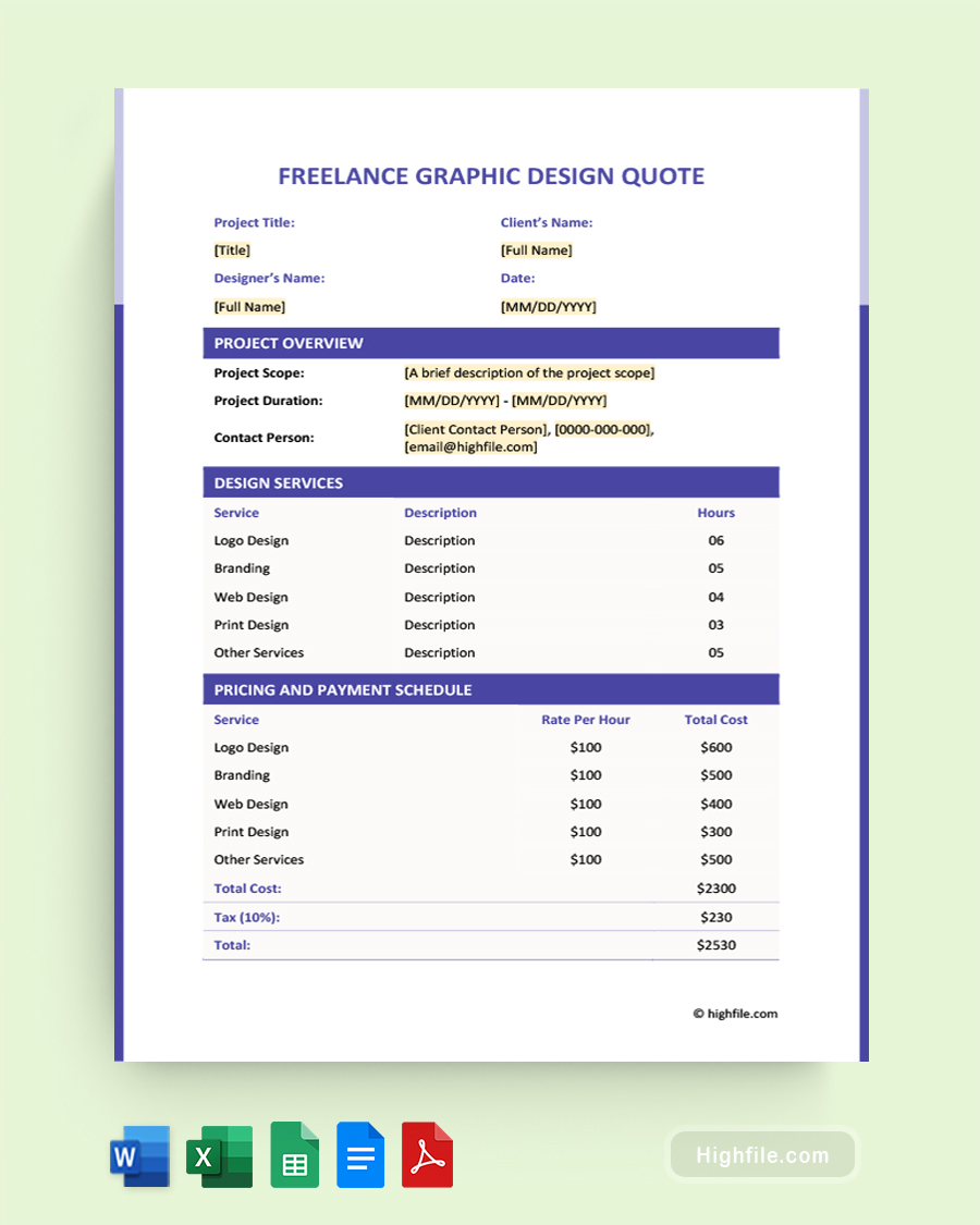Freelance Graphic Design Quote Template - Word, Google Docs, Google Sheets, Excel, PDF