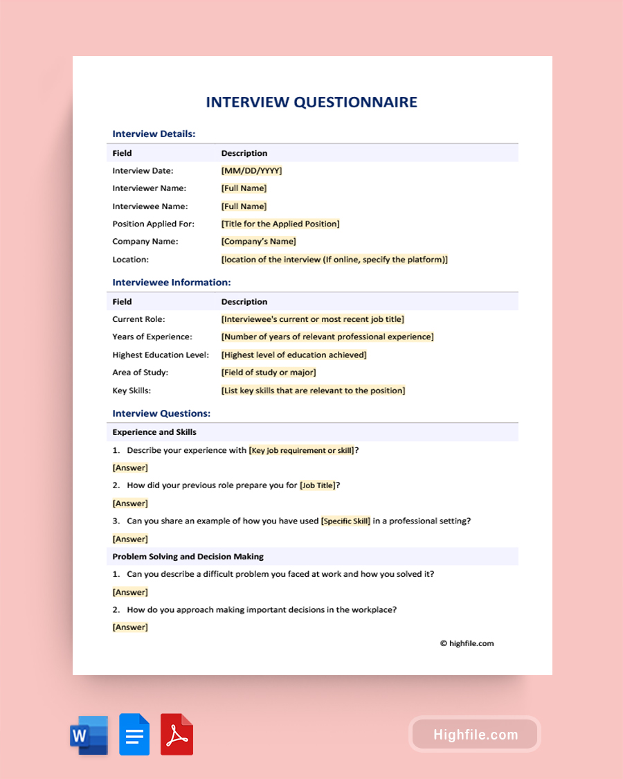 Interview Questionnaire Template - Word, Google Docs, PDF