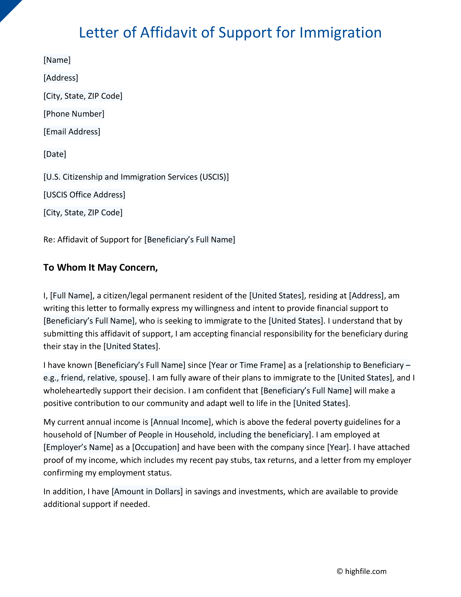 letter of affidavit of support for immigration - word | pdf