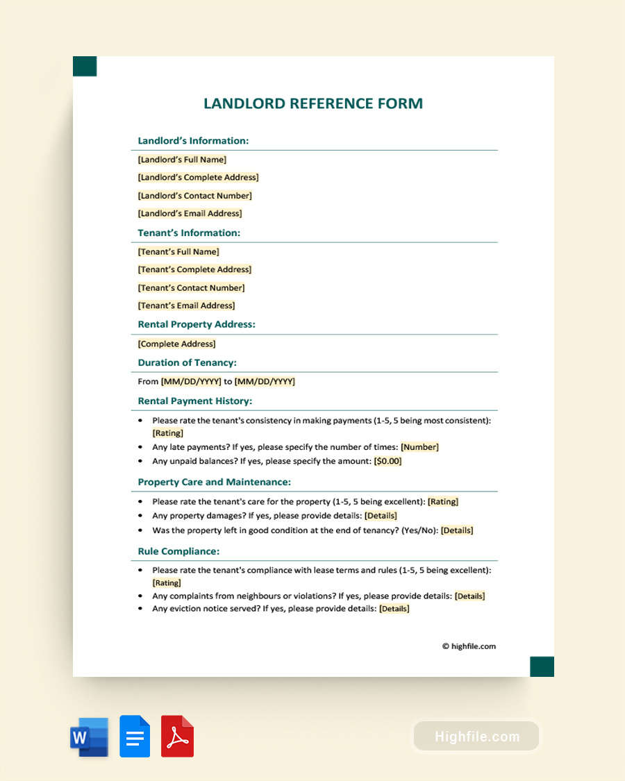 Landlord Reference Form - Word, Google Docs, PDF