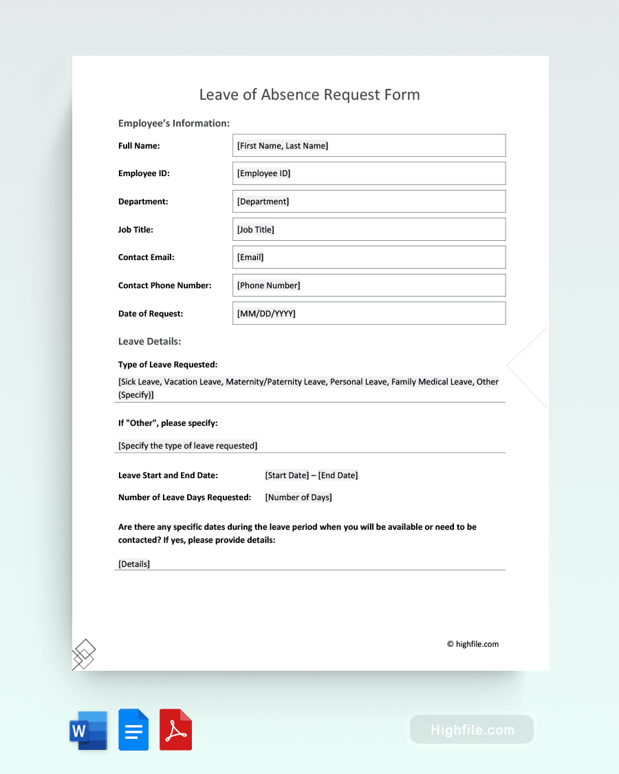 Leave of Absence Request Form - Word, PDF, Google Docs