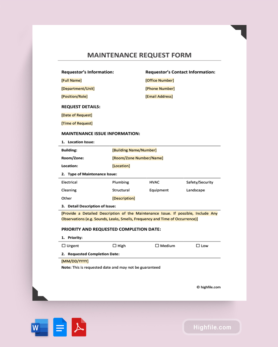 Maintenance Request Form - Word, Google Docs, PDF