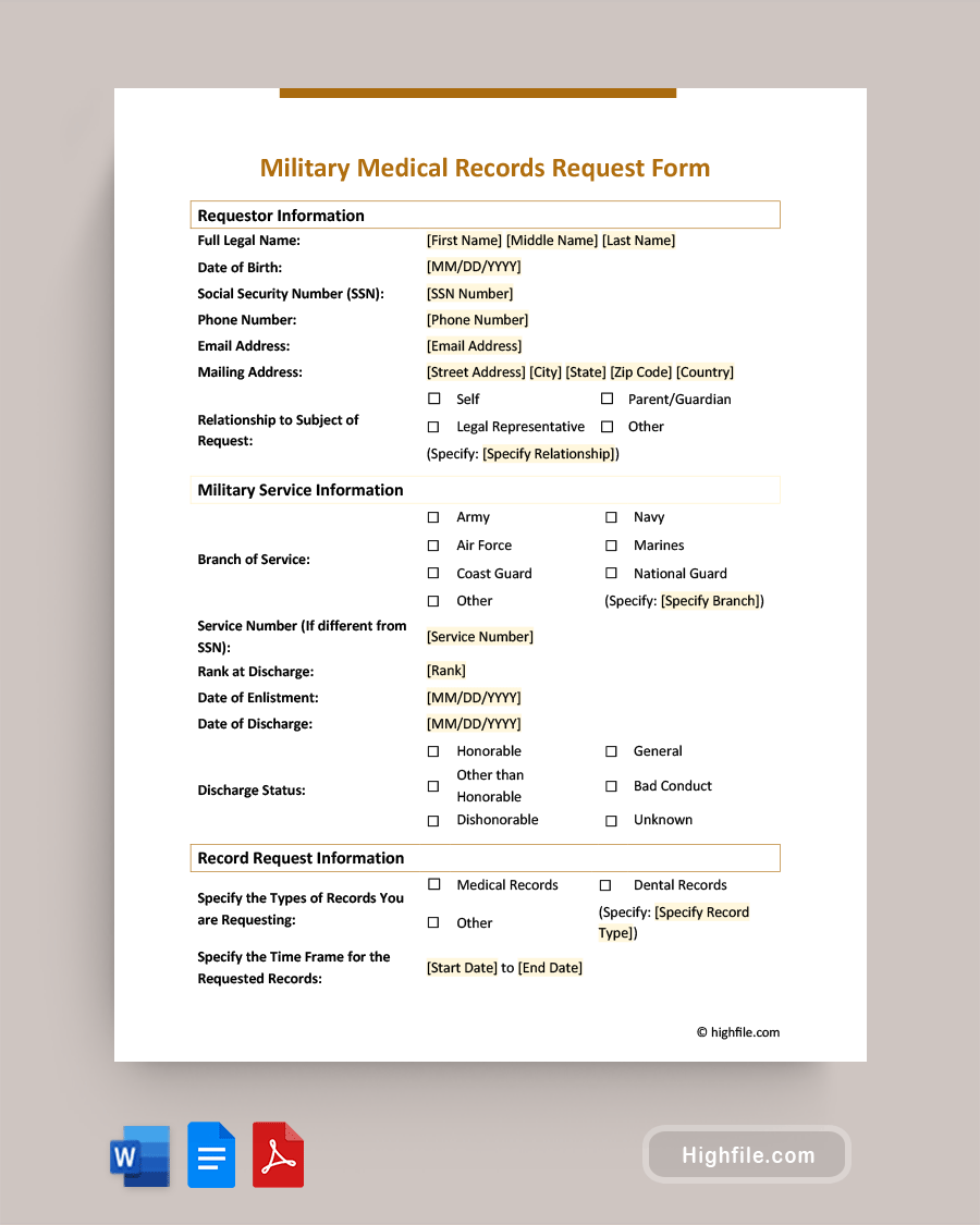 Military Medical Records Request Form - Word, PDF, Google Docs