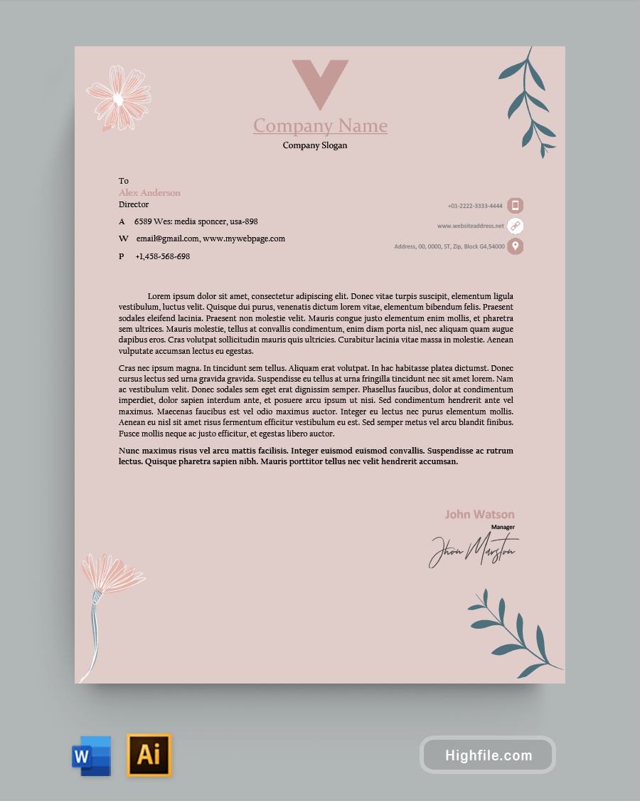 Modern Pink Letterhead Template, Word - Adobe-Illustrator
