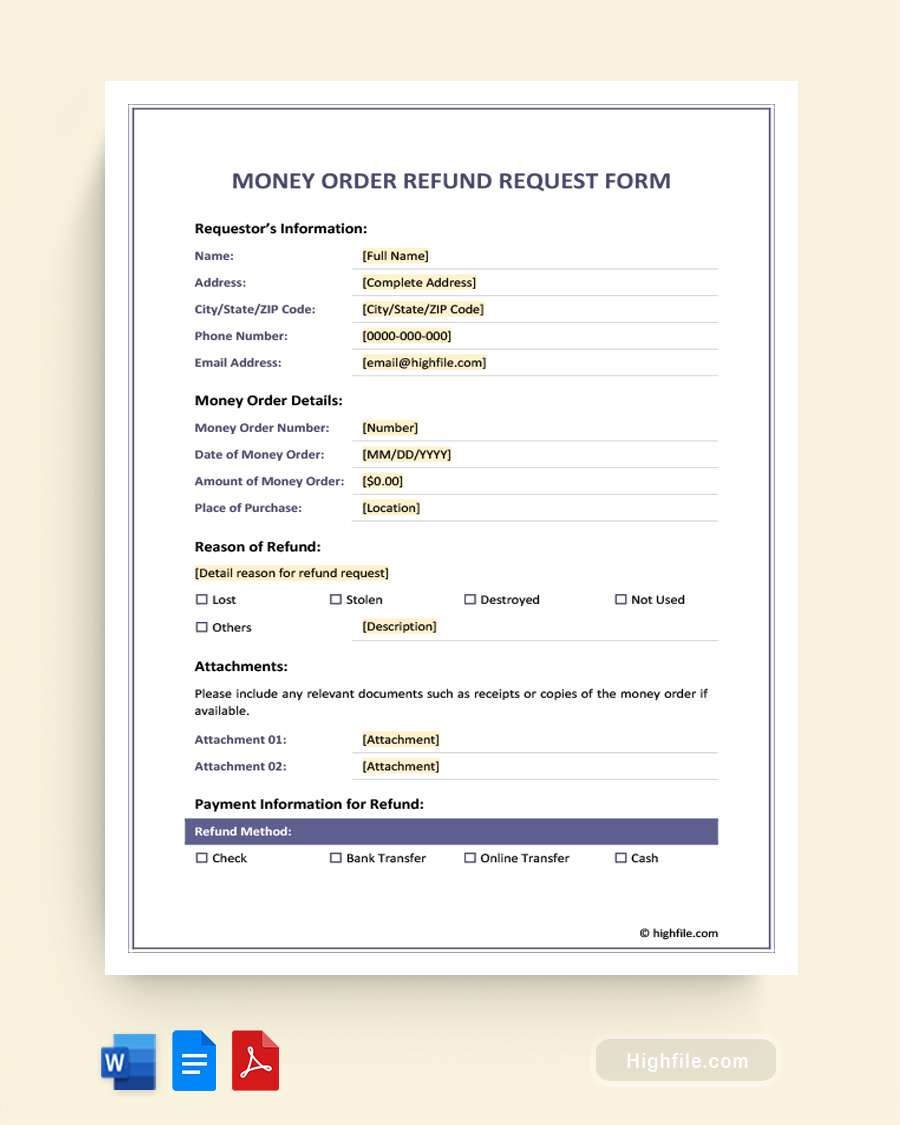 Money Order Refund Request Form - Word, Google Docs, PDF