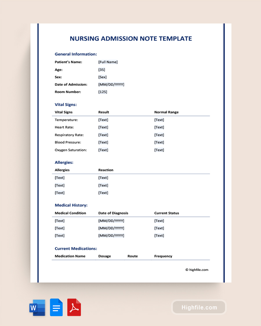 Nursing Admission Note Template - Word, Google Docs, PDF