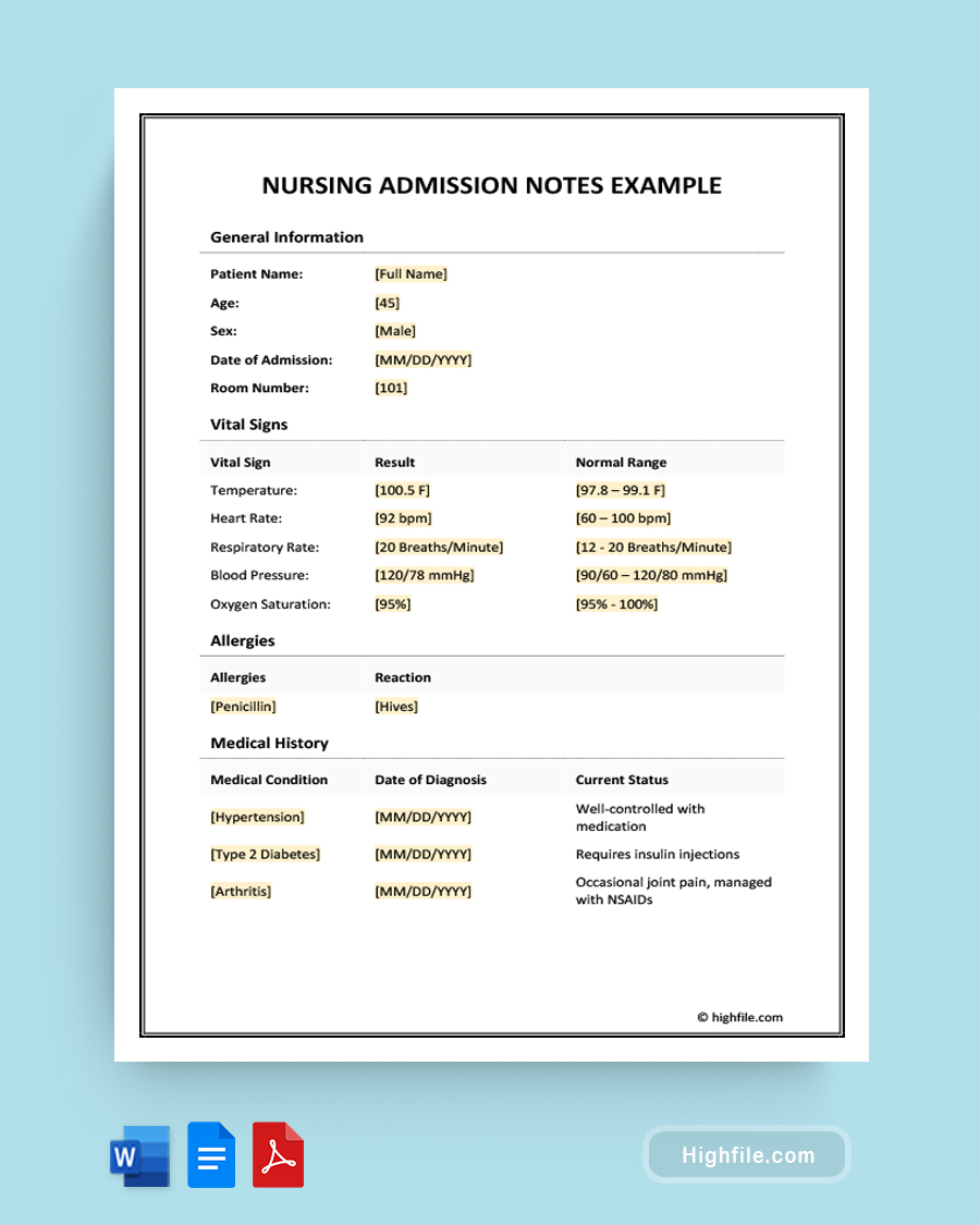 Nursing Admission Notes Example - Word, Google Docs, PDF