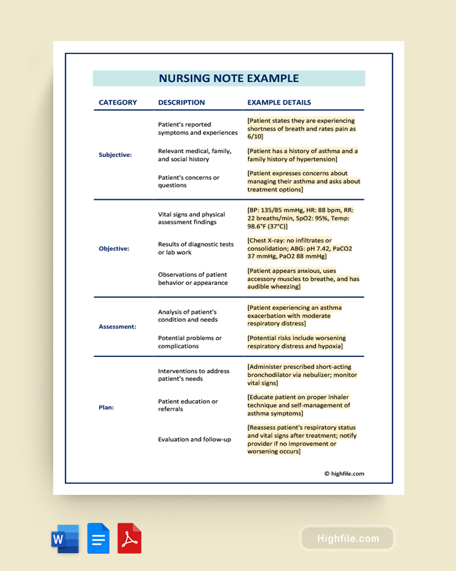 Nursing Notes Example - Word, Google Docs, PDF