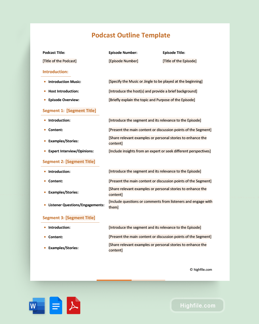 Podcast Outline Template - Word, PDF, Google Docs