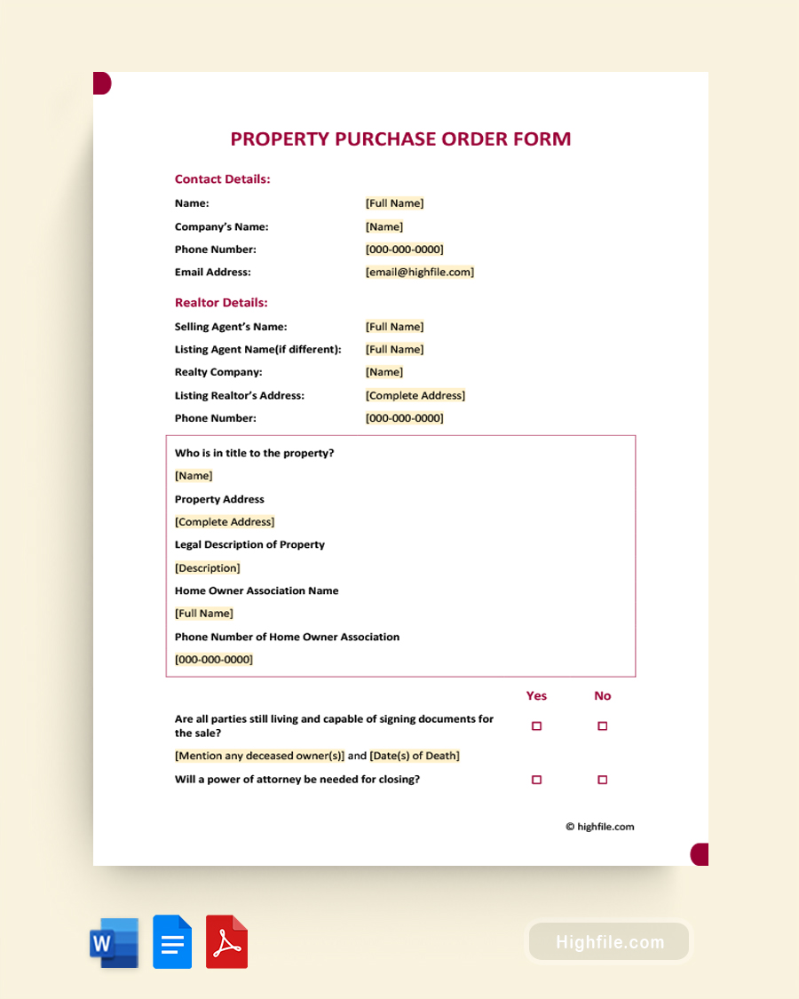 Property Purchase Order Form - Word, Google Docs, PDF