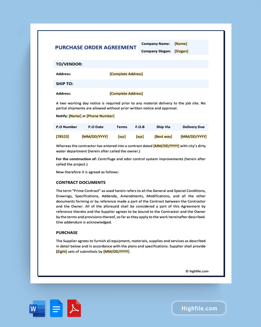 Purchase Order Agreement Template - Word, Google Docs, PDF