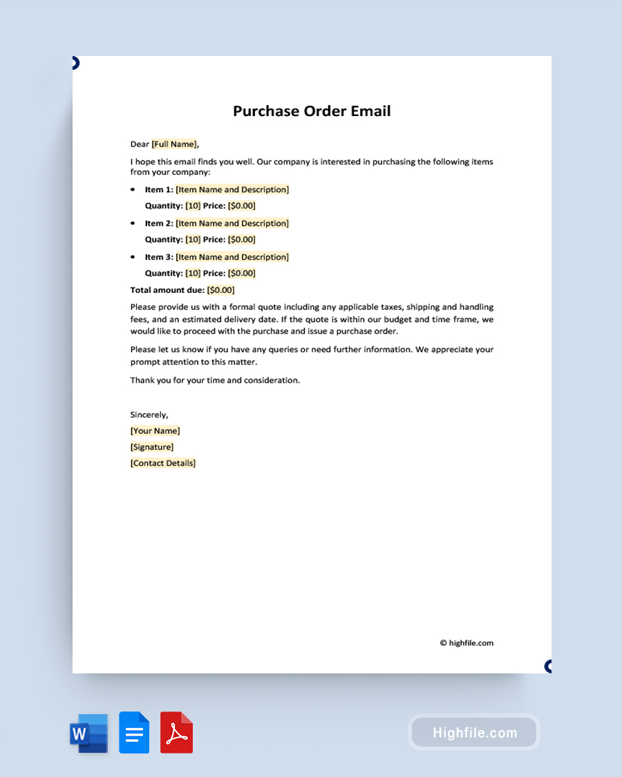 Purchase Order Email Template - Word, Google Docs, PDF