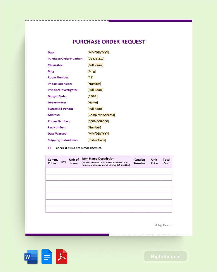 Purchase Order Request Template - Word, Google Docs, PDF