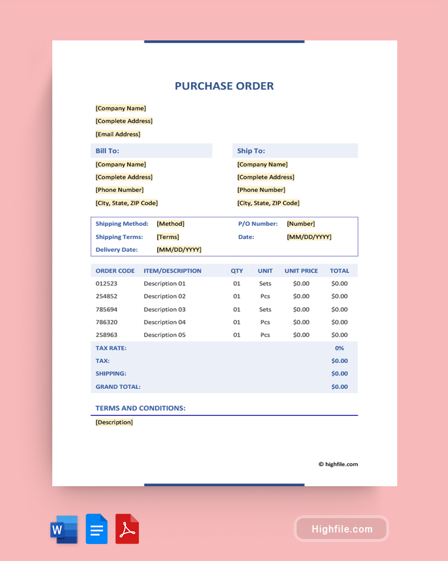 Purchase Order Template - Word, Google Docs, PDF