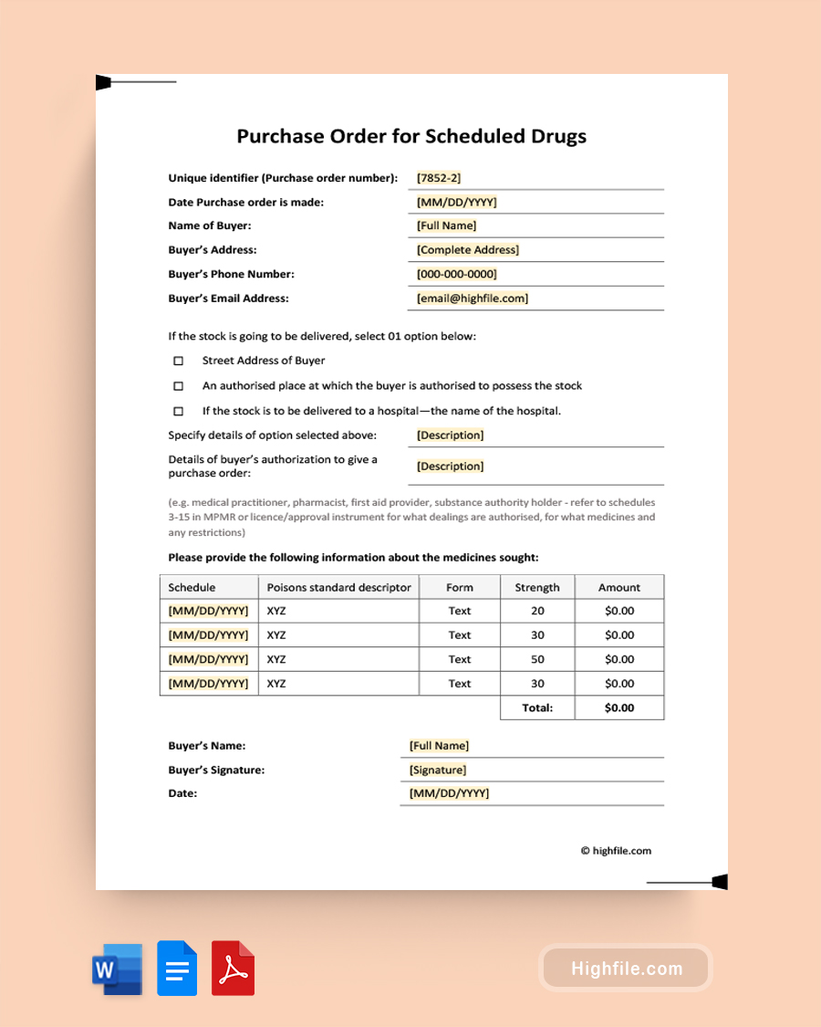 Purchase Order for Scheduled Drugs Template - Word, Google Docs, PDF
