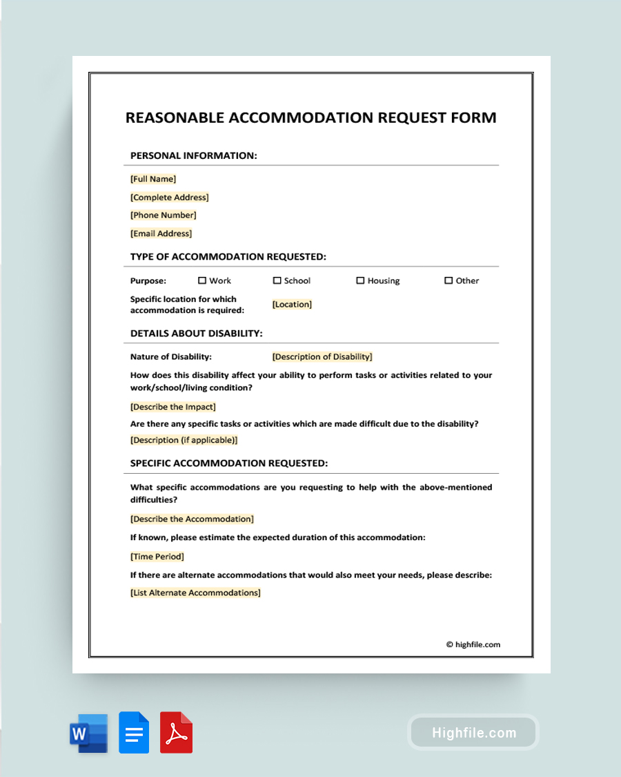 Reasonable Accommodation Request Form - Word, Google Docs, PDF
