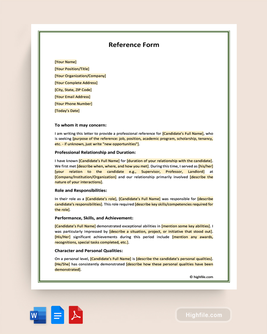 Reference Form Template - Word, Google Docs, PDF
