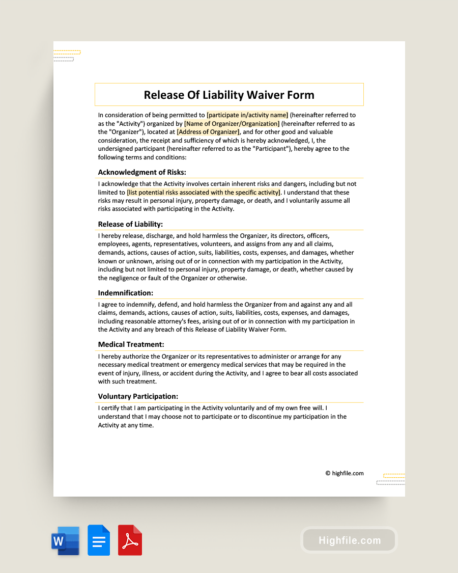 Release Of Liability Waiver Form - Word, PDF, Google Docs