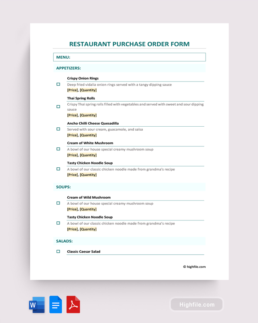 Restaurant Purchase Order Form Template - Word, Google Docs, PDF