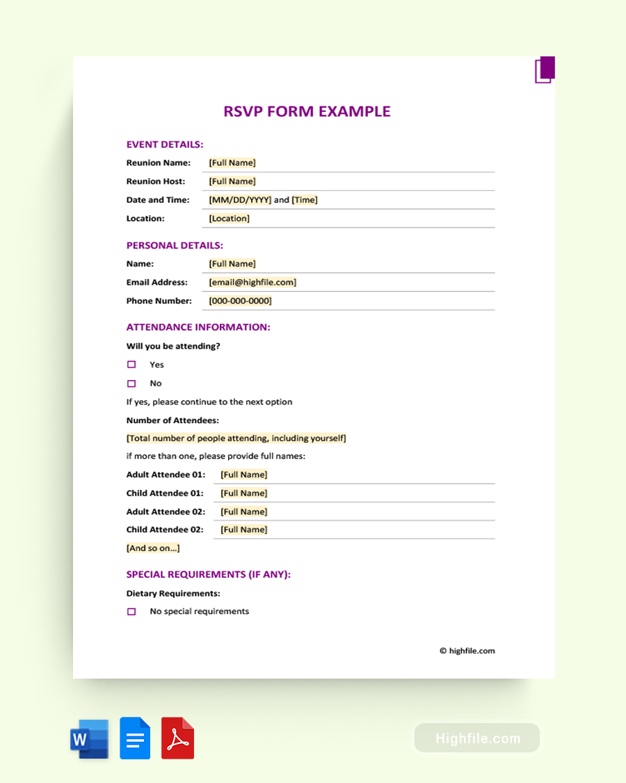 Rsvp Form Example - Word, Google Docs, PDF