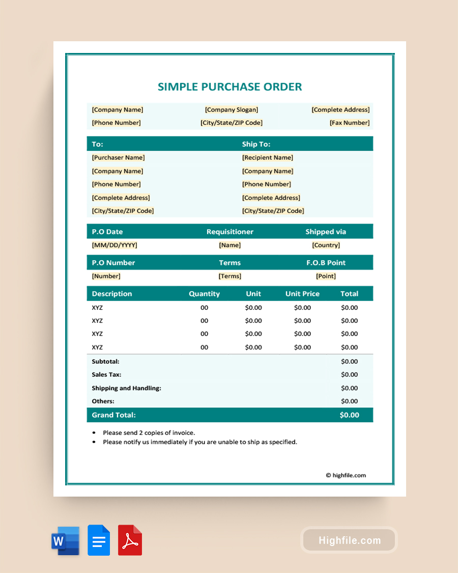 Simple Purchase Order Template - Word, Google Docs, PDF