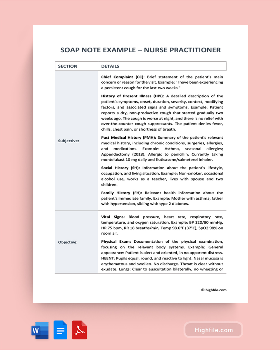 SOAP Note Example Nurse Practitioner - Word, Google Docs, PDF