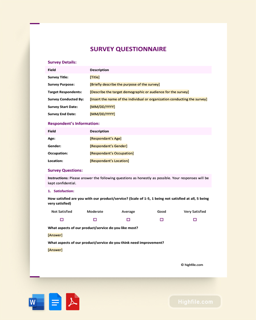Survey Questionnaire Template - Word, Google Docs, PDF