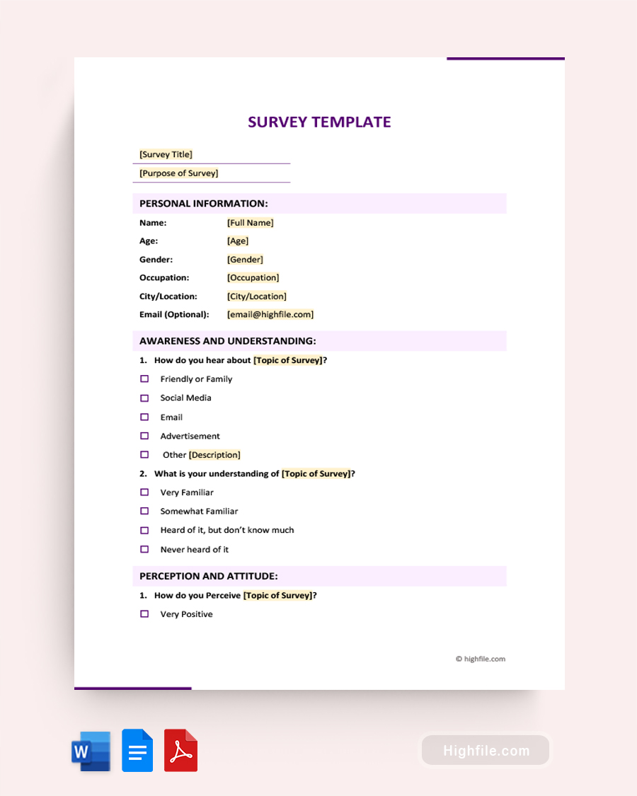 Survey Template - Word, Google Docs, PDF