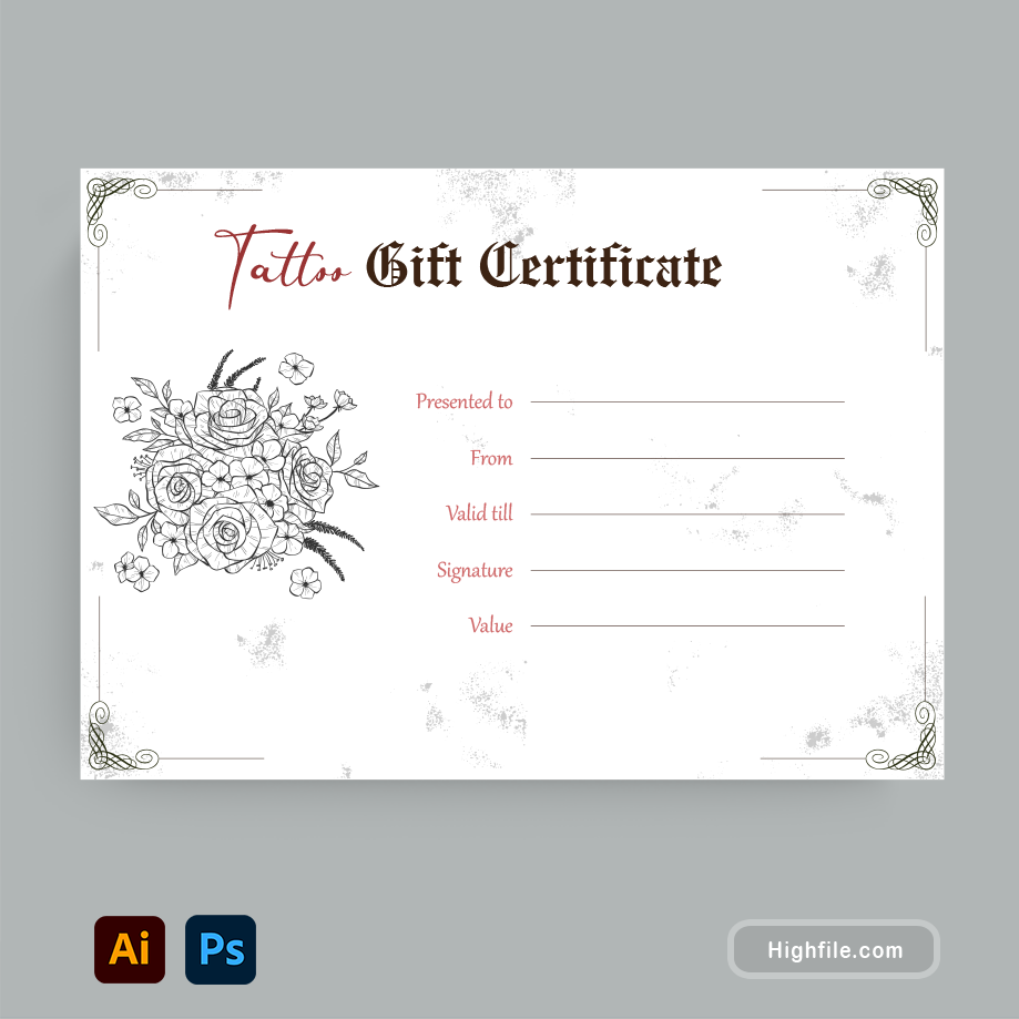 Tattoo Gift Certificate Template - Adobe Illustrator, Adobe Photoshop