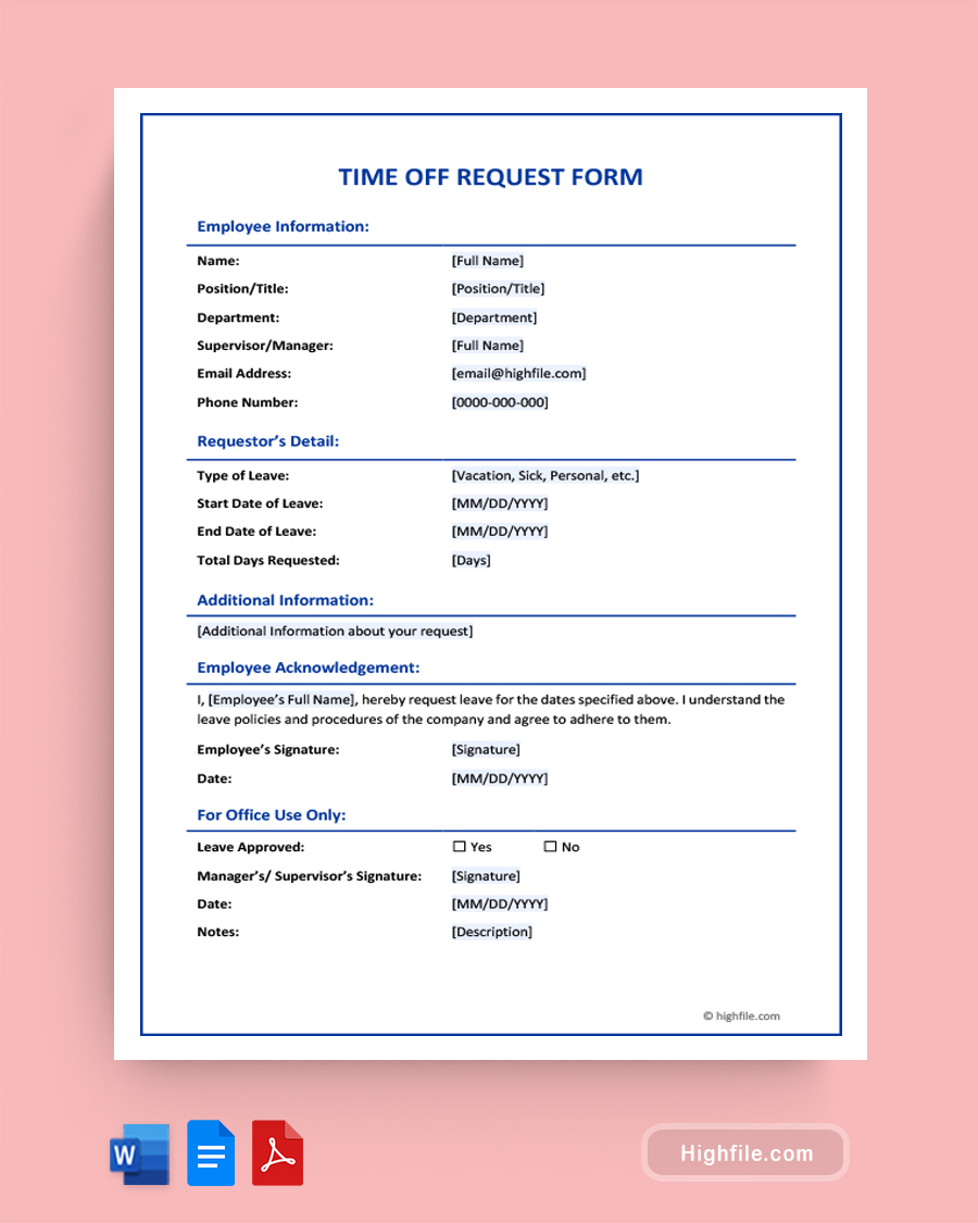 Time Off Request Form - Word, Google Docs, PDF