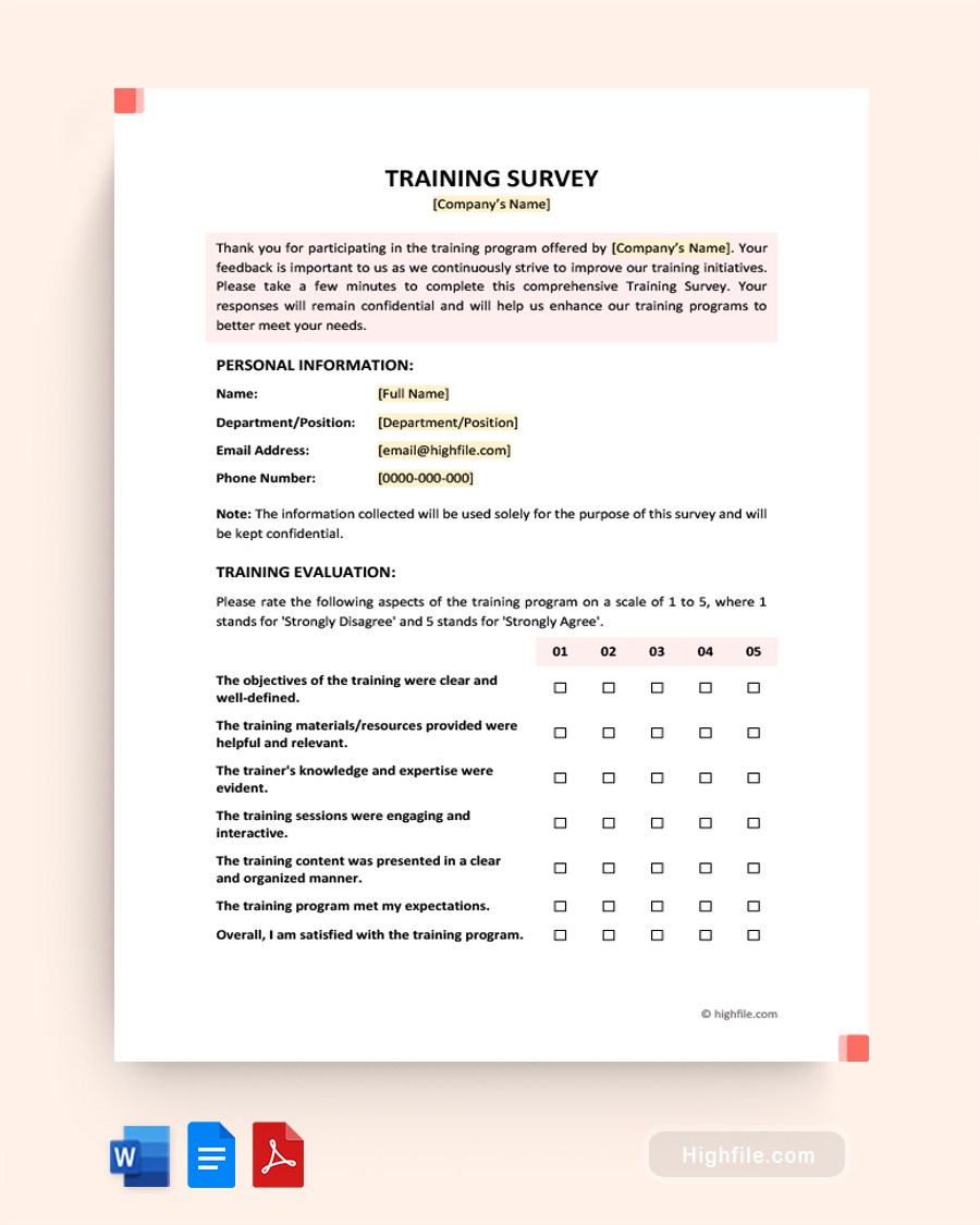 Training Survey Template - Word, Google Docs, PDF