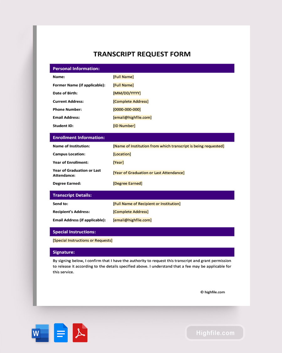 Transcript Request Form - Word, Google Docs, PDF