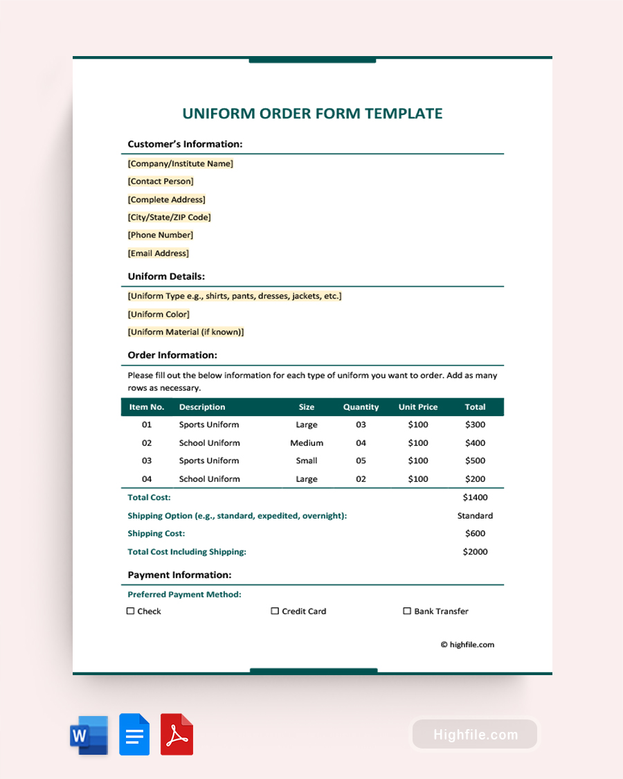 Uniform Order Form Template - Word, Google Docs, PDF