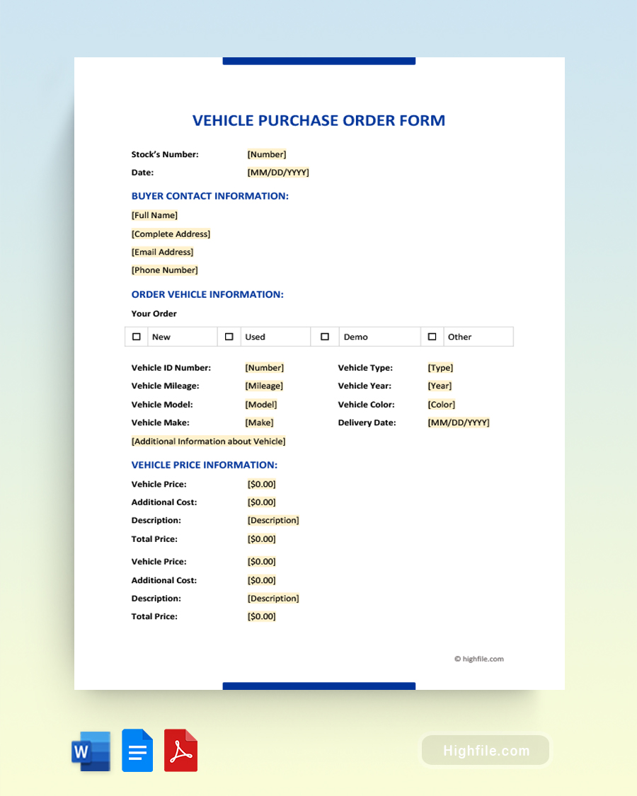 Vehicle Purchase Order Form - Word, Google Docs, PDF