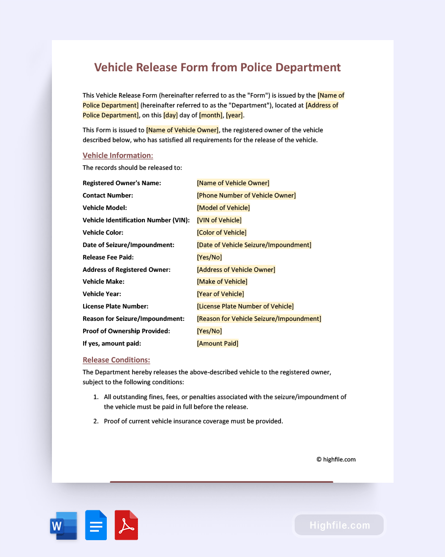 Vehicle Release Form- Word, PDF, Google Docs