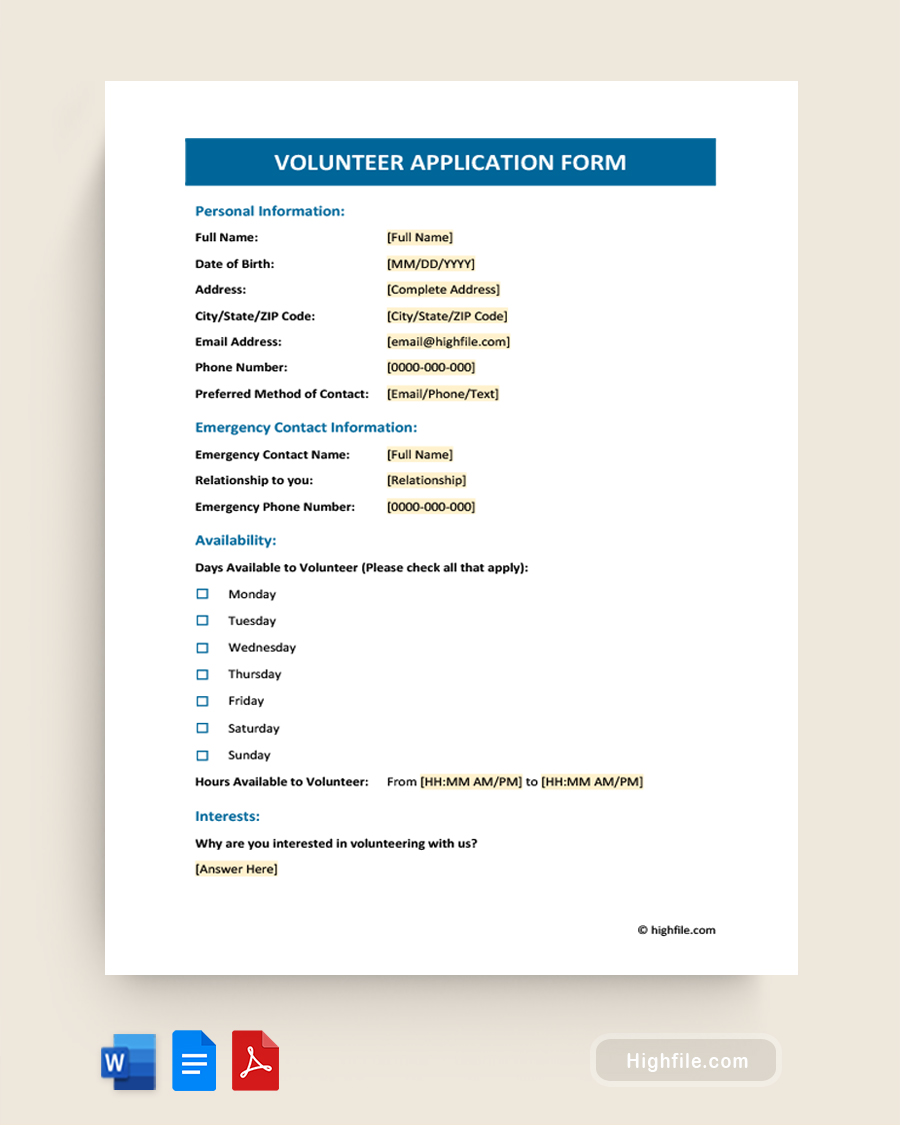 Volunteer Application Form - Word, Google Docs, PDF